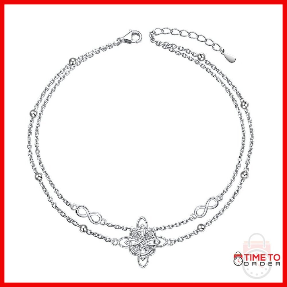 Sterling Silver Adjustable Anklet with Celtic Knot Design 9 Inch